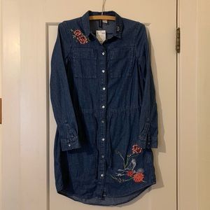 denim dress with embroidered flowers